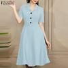 Women Casual Turn Down Collar Solid Color Loose Short Sleeve Dress