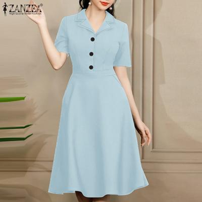 Damen Freizeitkleid mit Umlegekragen, einfarbig, locker, kurzärmlig