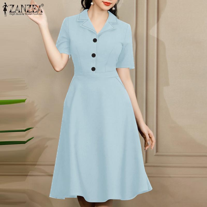 

ZANZEA Women Casual Turn Down Collar Solid Color Loose Short Sleeve Dress S чорний
