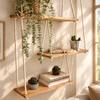 Three-Tier Macrame Hanging Shelves for Indoor Plants and Decorative Storage in Living and Bedroom Spaces