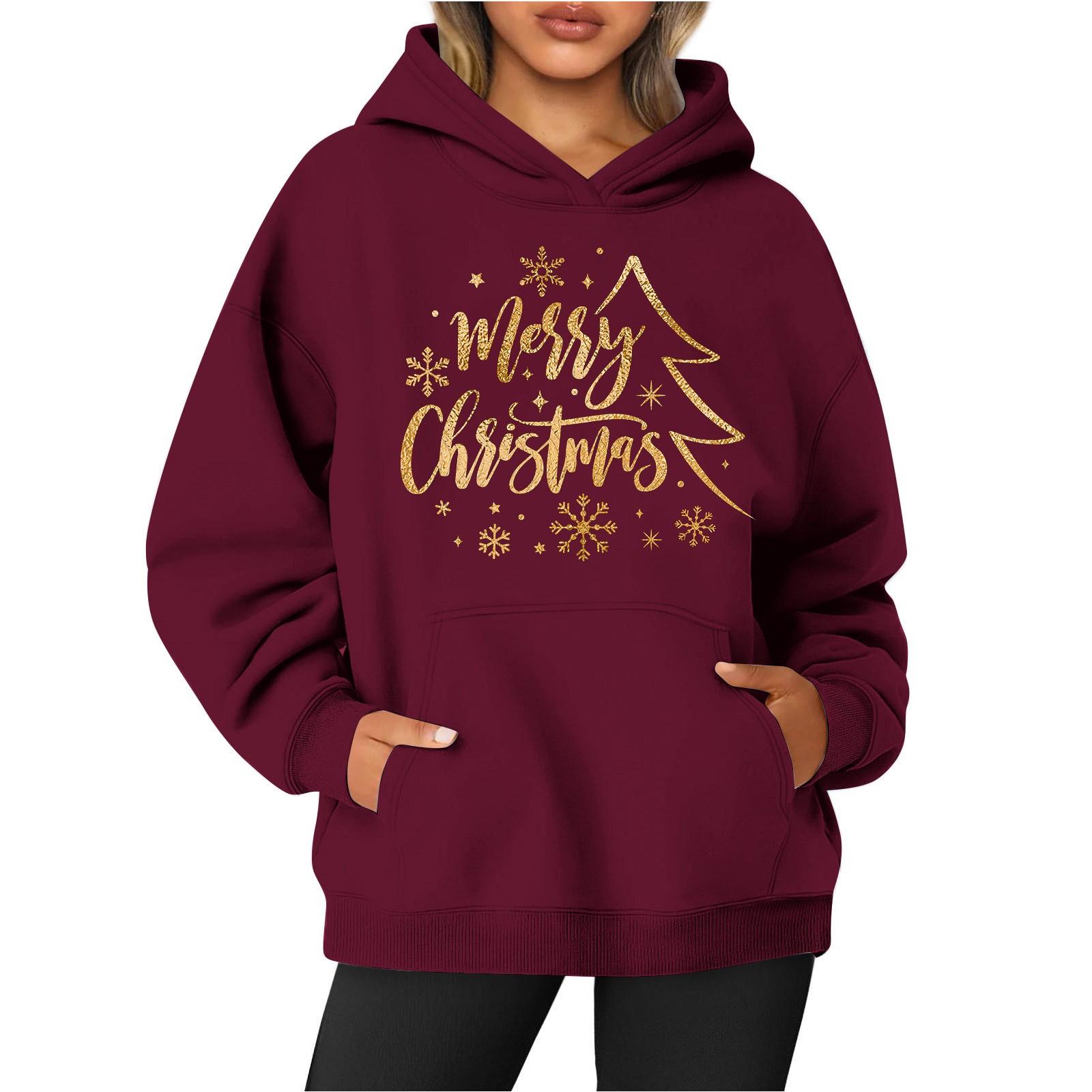 

Женская толстовка с круглым вырезом и длинными рукавами с рождественским принтом L винный