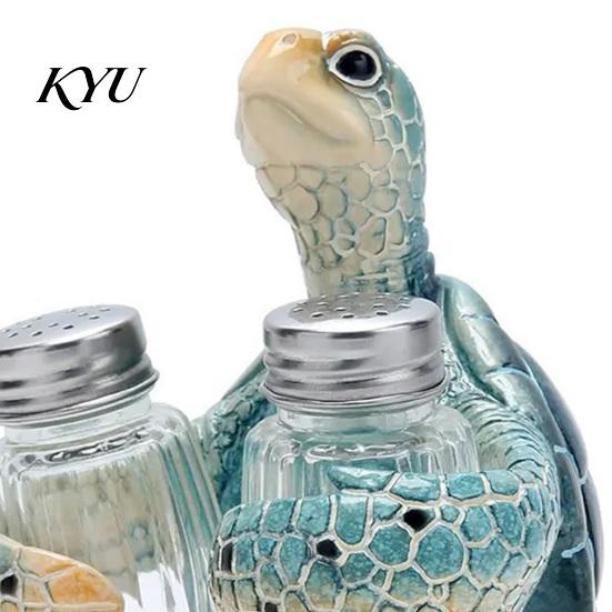 Island Inspired Dining Table Centerpiece Sea Turtle Salt Pepper Shaker Set with Holder, Resin Figurine Holder Glass Spice Bottles, Coastal Beach Style