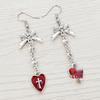 Gothic Heart-to-Heart Black and Red Silver Bow Earrings