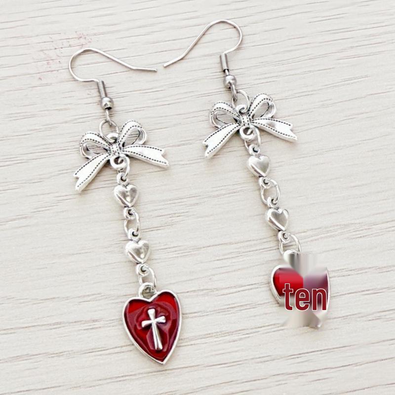 Gothic Heart-to-Heart Black and Red Silver Bow Earrings