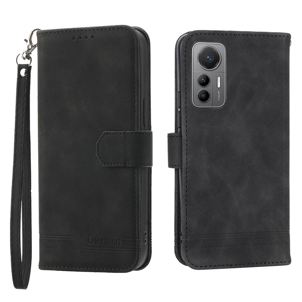 DIERFENG DF-03 for Xiaomi 12 Pro 5G/12 Pro (Dimensity) 5G/12S Pro 5G Wallet PU Leather Phone Case Lines Imprinted Phone Stand Cover- Black