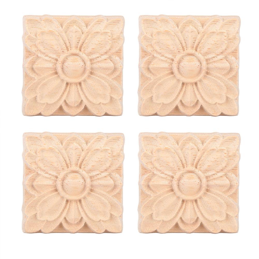 4Pcs Carved Flower Square Onlay Applique Door Cabinet Unpainted Furniture Decor(#2)