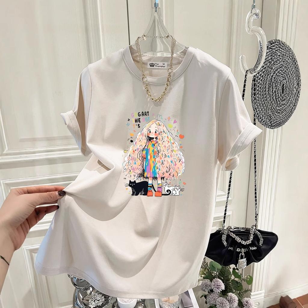 Nouveau T-shirt d'été style coréen chat à la mode fille grande version ample coton blanc manches courtes pour femmes mi-longueur