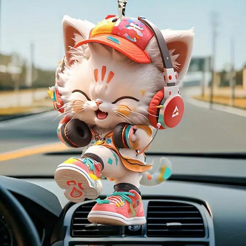 Acrylic Cat Car Pendant Car Mirror Hang Cat Wearing Headphone Ornament 2D Acrylic Pendant For Christmas Tree Bag Car Rearview