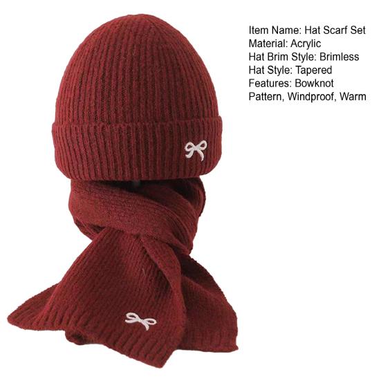 2Pcs/Set Children Hat Scarf Set Bow Knitted Hood Windproof Neck Scarf Set Thickened Soft Warm Cozy Autumn Winter Wear