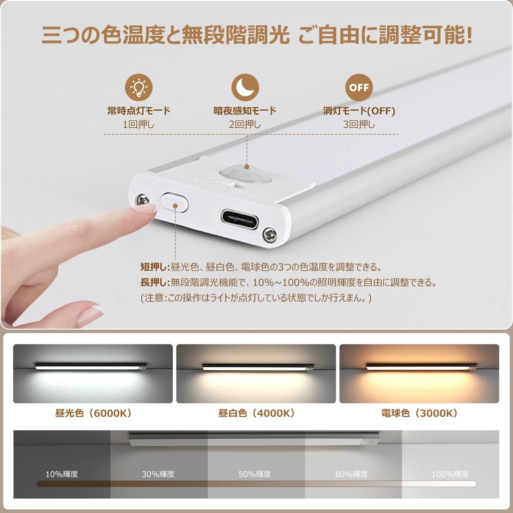 KEEBRIGHT Indoor Sensor Light, 30cm Ultra-Thin, USB Rechargeable, High-Sensitivity Motion Sensor, 3 Color Adjustments & Stepless Dimming, Suitable