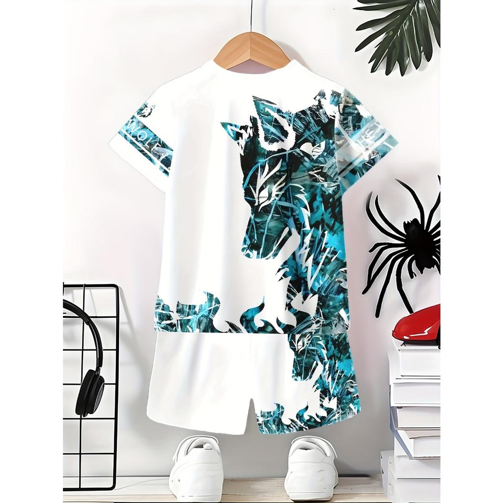Teen Boys' Fashion 3D Printed Casual Pullover Short Sleeve Shorts T-Shirt, Stylish Wolf Animal Pattern, Outdoor