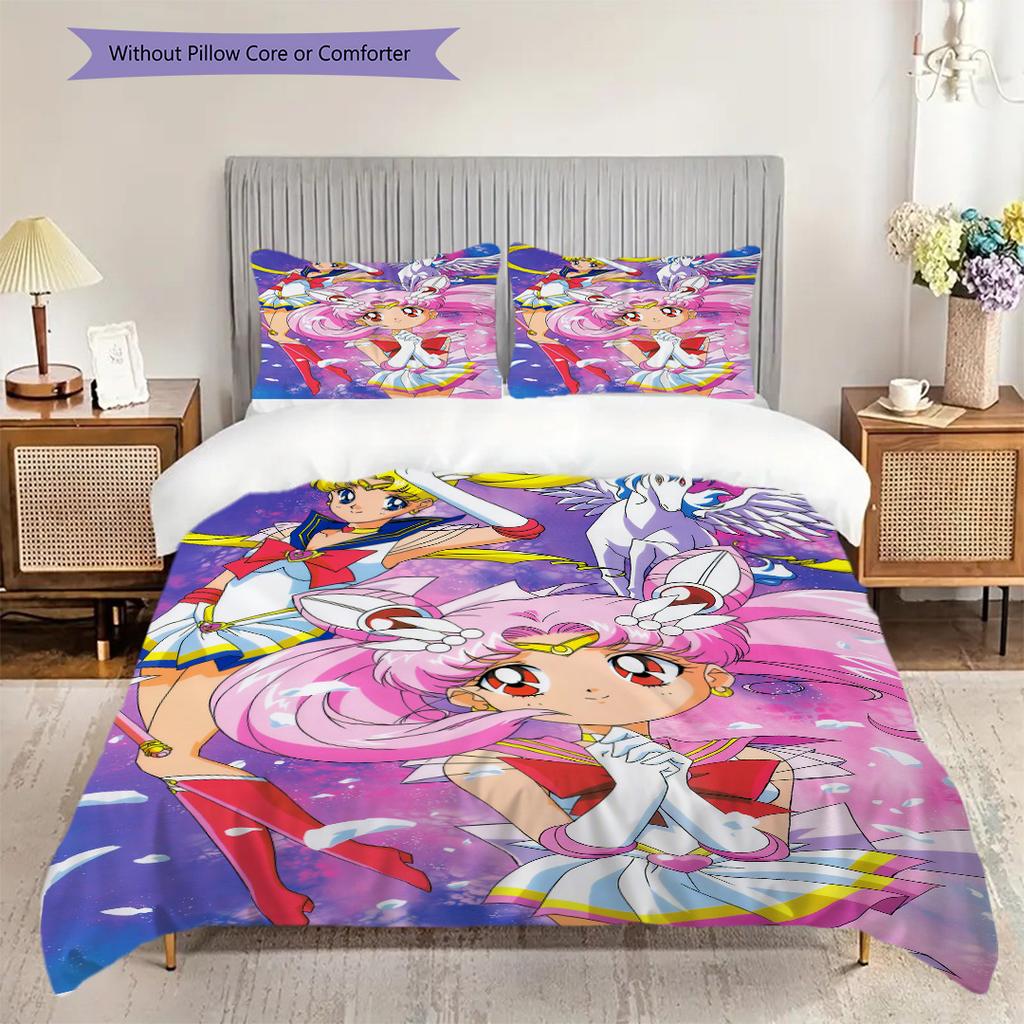 Süßes Cartoon-Thema Sailor Moon Tsukino Usagi Cartoon bequemer Heim-Bettbezug und Kissenbezug (1 * Bettbezug + 2 * Kissenbezug, ohne Füllung)A12