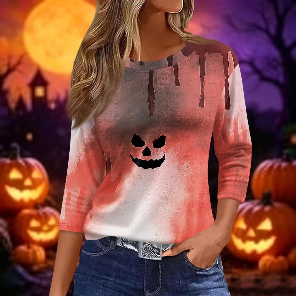 Women's Fashion Casual Short Sleeve Neck Top with Halloween and Pumpkin Print