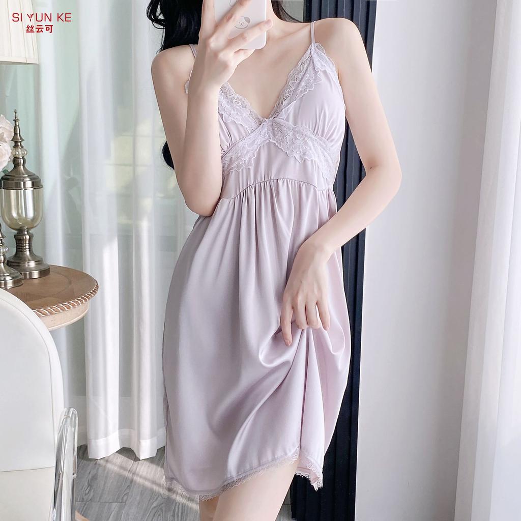 New pure desire wind lace suspender nightdress three-piece summer ice silk loungewear set sexy pajamas for women