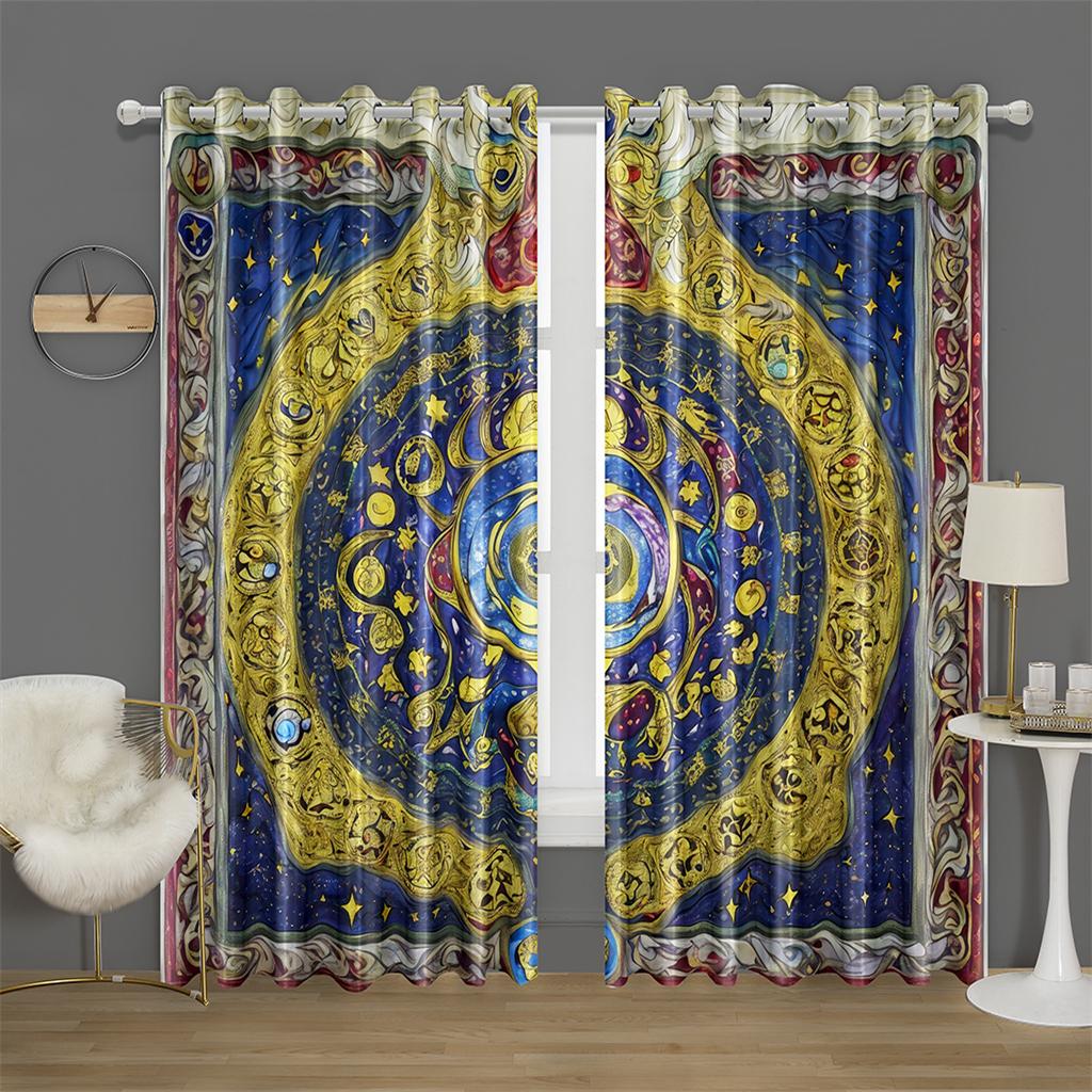 Mystic Zodiac Curtains 2 Panels 3D Print Sun Block Gold Blue Magic Pattern Bedroom Living Room Decor Starry Astrology Art