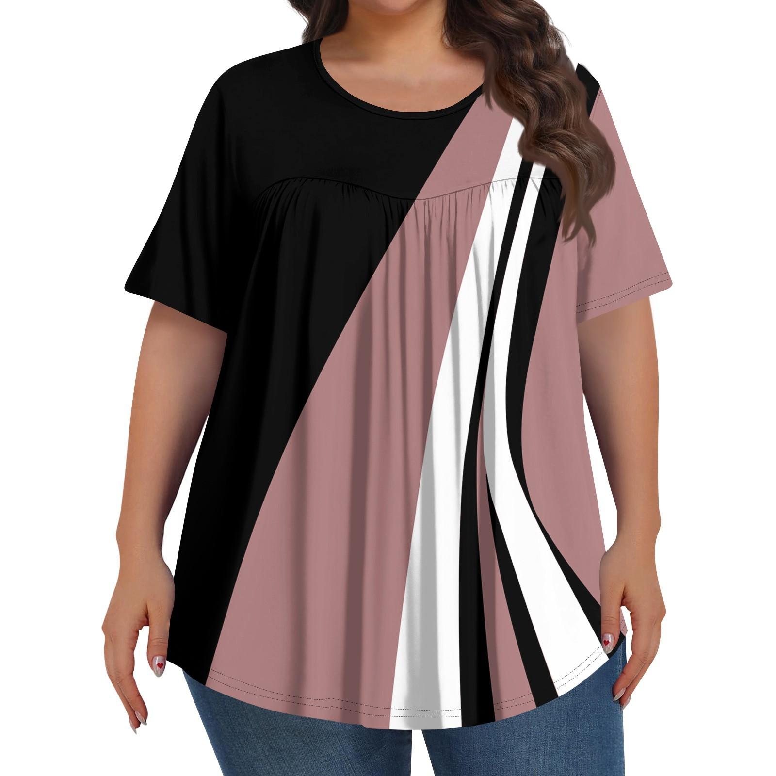 

Женская мода больших размеров, повседневный, с короткими рукавами, винтажный, с цветными блоками, с принтом пэчворк, с круглым вырезом спереди, со складками XXXXXL арбуз красный