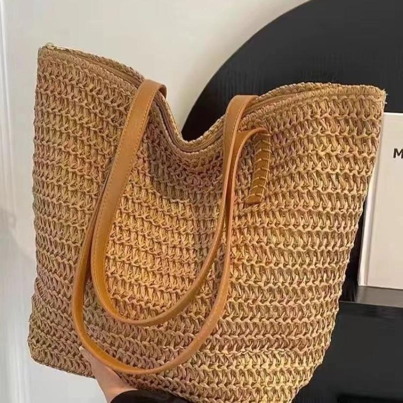 

Fashion woven straw seaside bag beach commuter large capacity shoulder tote new bag niche design engraving H Straw bag [width 38 width 38]