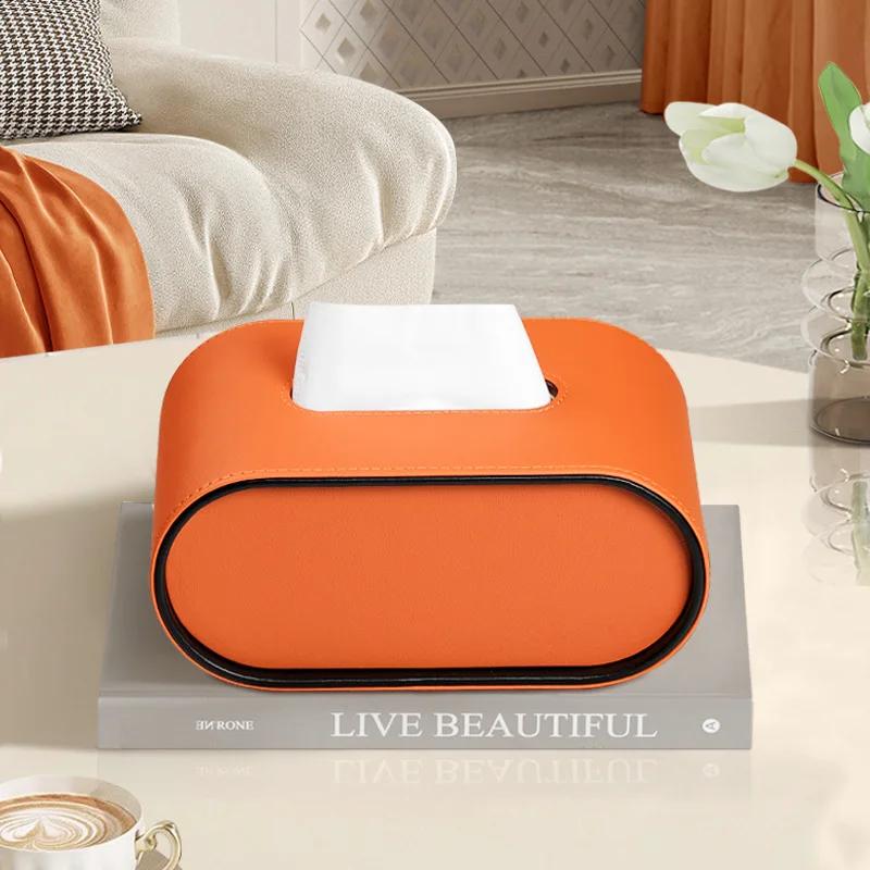 High-End Leather Paper Box Light Luxury Tissue Box Bathroom Living Room Bedroom Desktop Creative Oval Napkin Storage Box