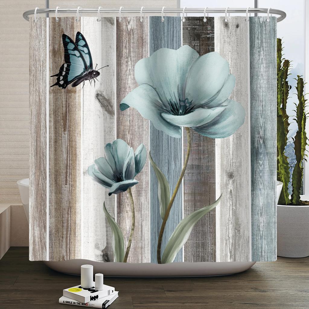 Rustic Sunflower Daisy Shower Curtain Butterfly Floral Vintage Country Farmhouse Flower Wooden Board Waterproof Bathroom Curtain