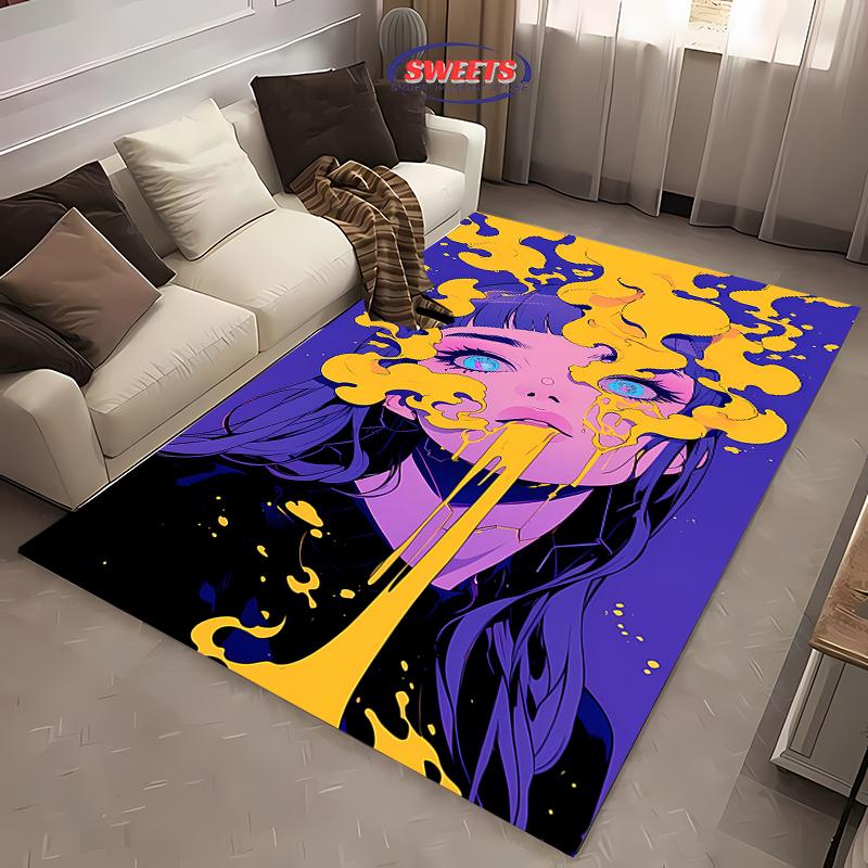 Art Style Purple Bottom Yellow Flow Girl Carpet Rug for Living Room Bedroom Children's Room Children's Play Non-slip Floor Mat