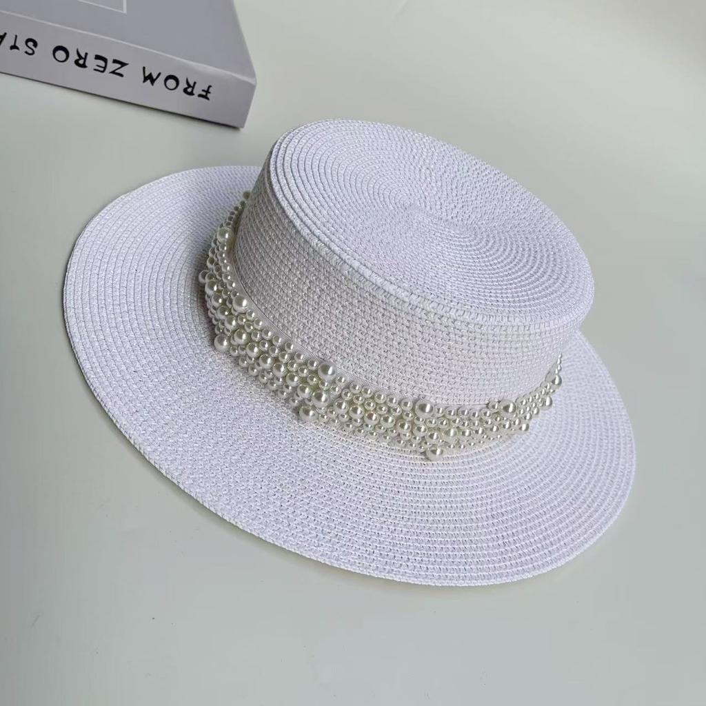 Internet Celebrity French Hepburn Style Flat Top Hat Women's Spring Summer Elegant Pearl Straw Hat Seaside Vacation Beach Sun Hat