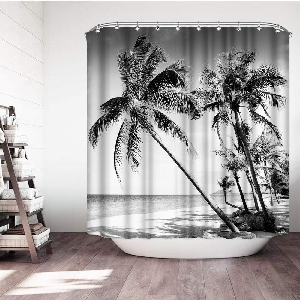 Beach shower curtain tropical palm tree landscape black and white waterproof fabric curtain decoration with 12 hooks W90xH180cm