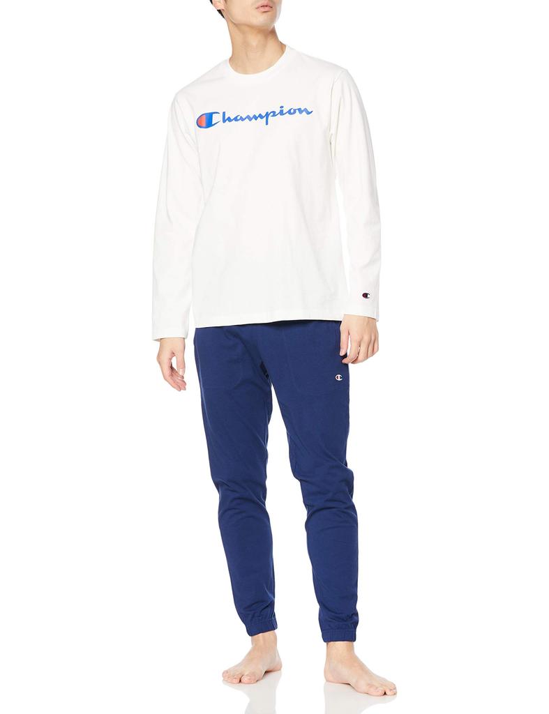 Room Wear Cotton Thick Jersey Long Sleeve Long Pants White L [Champion] 100% Men's