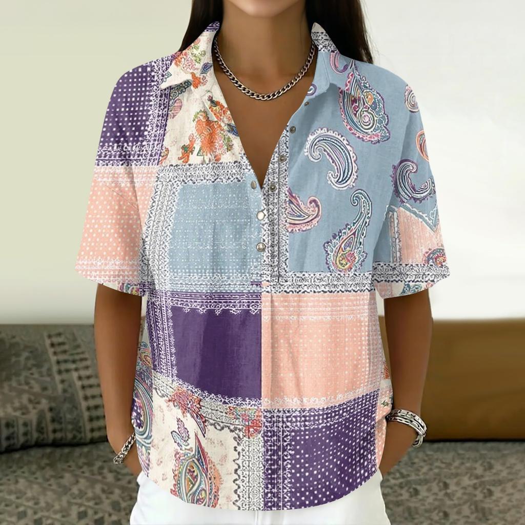 Damen Vintage Blumenmuster Polohemd Knopfleiste Kurzarm Lockerer Schnitt Lässiges Oberteil aus Baumwoll-Leinen-Stoff