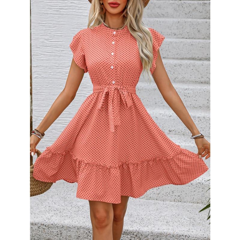 YYFS Women's Fashion Summer Spring Polka Dot Print Short Sleeve O-Neck High Waist Casual Dresses