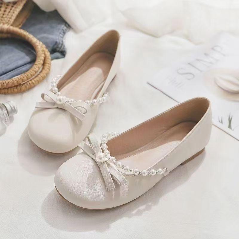 Pearl women's shoes flat-soled single shoes women's round head soft sole 2025 new French Mary Jane shallow mouth shoes