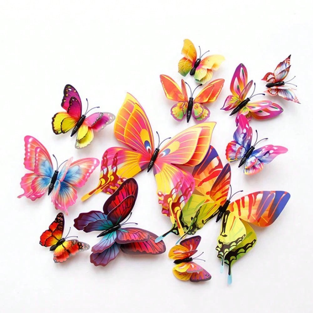 

12-Pack Multi-Color 3D Butterfly Wall Stickers with Double Wings – PVC Fridge Magnets for Party & Home Decor 12pcs красный/жёлтый