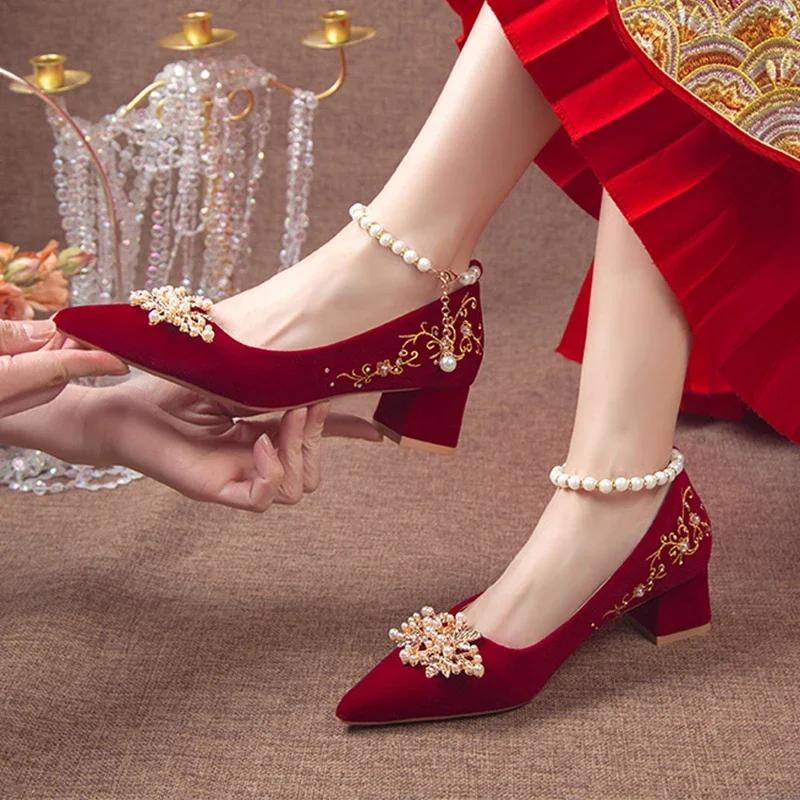 Fashion 2025 New Gold Embroidered Flowers Thick High Heels Women's Big String Bead Decor Wedding Pumps Woman Suede Point Toe Party Shoes
