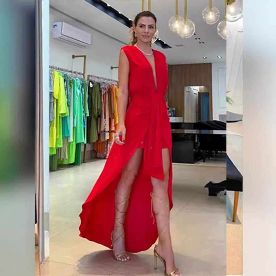 

Женское весеннее однотонное платье без рукавов с глубоким V-образным вырезом, летнее повседневное платье А-силуэта с высокой талией, двухслойное, нестандартной длины, размеры S-XL XL красный