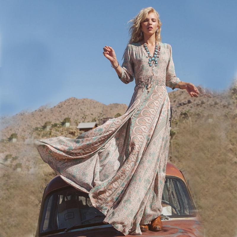 Women's Summer Print Seven-point Sleeve Elastic Waist V-neck Chiffon Sexy Dress