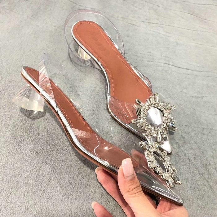Sunflower High Heels Female Crystal With Net Red Transparent Back Strap Fine Heel Rhinestone Pointed Toe Sandal Female