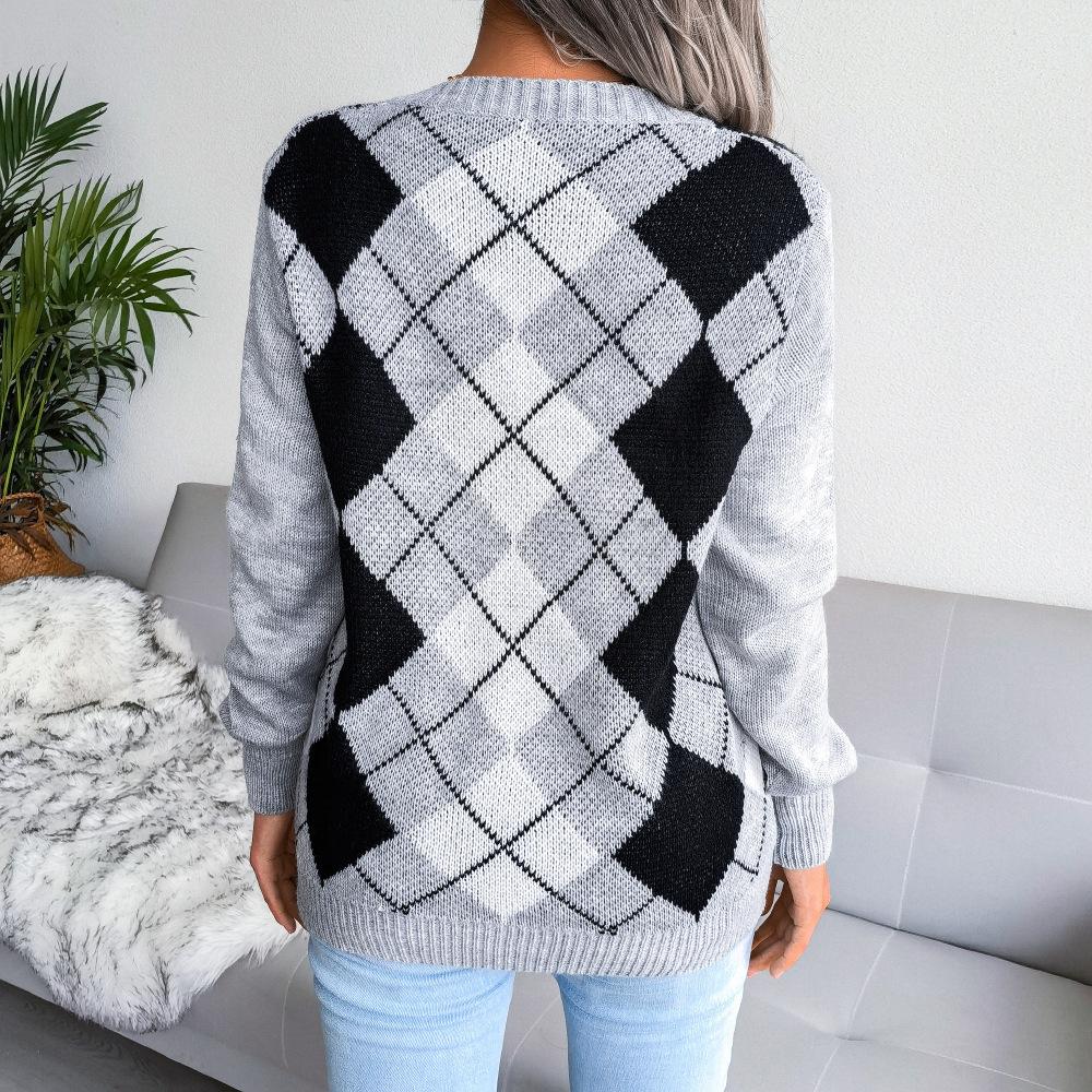 New Diamond Checkered Casual Versatile V-neck Sweater for Girls