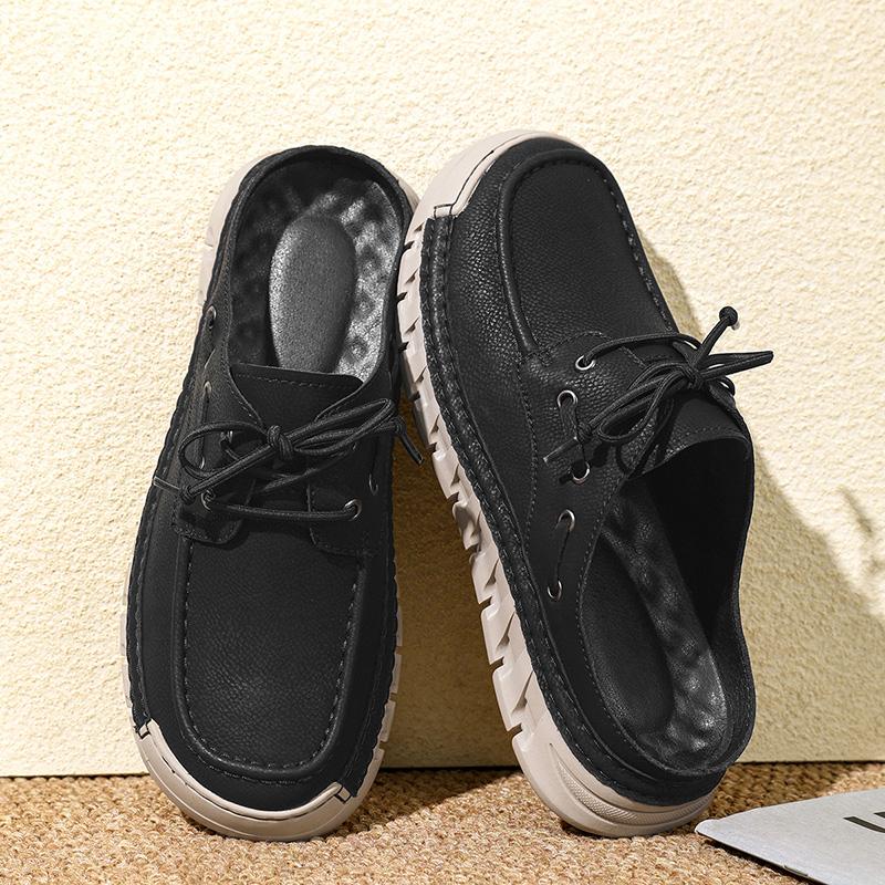 Men's Summer New Large Size Slip-On Driving Shoes Outdoor Genuine Leather Breathable Rubber Sole Square Toe Bean Bean Shoes