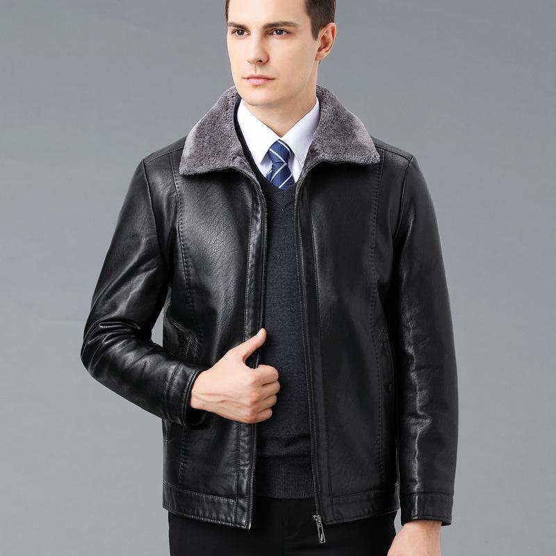 Men's Winter Fleece Lined Genuine Sheepskin Leather Jacket with Fur Trim