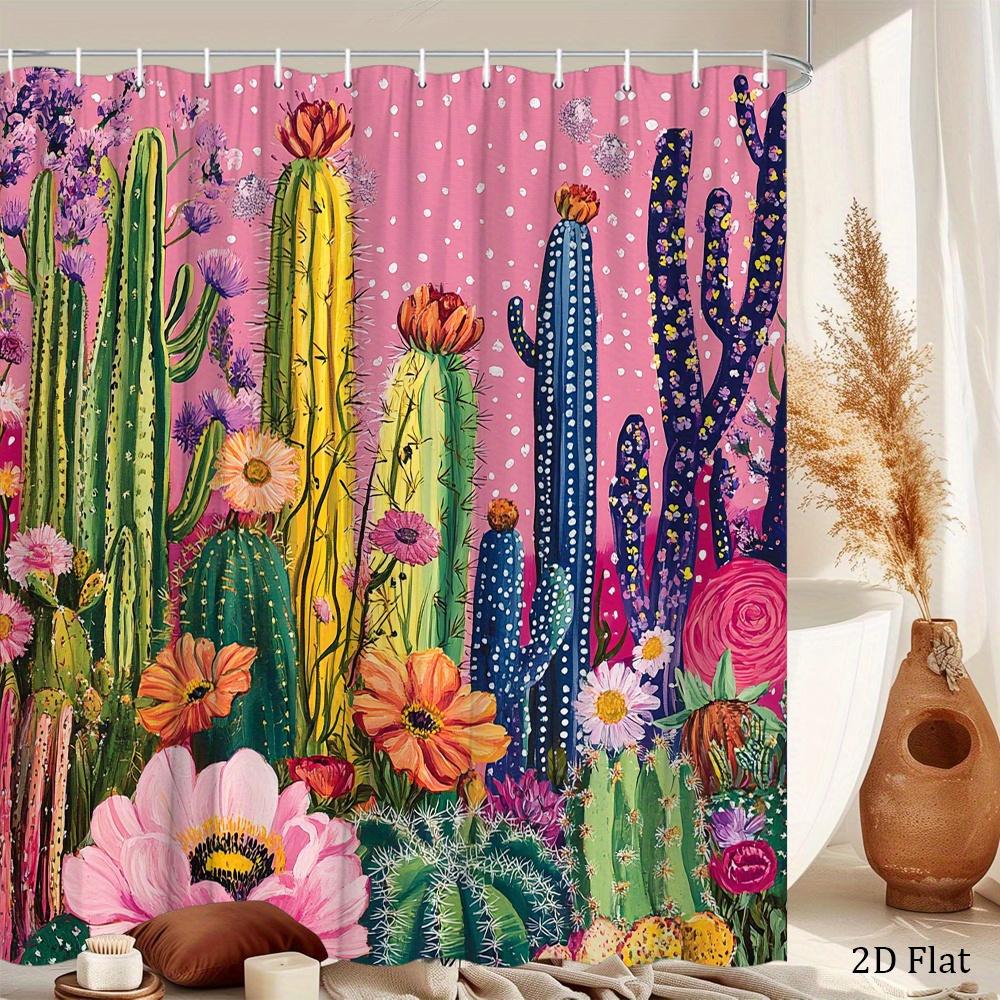 Cactus Shower Curtain 180x180cm – Whimsical Desert Garden with Blooms, Boho Southwestern Bathroom Decor, 12 Hooks