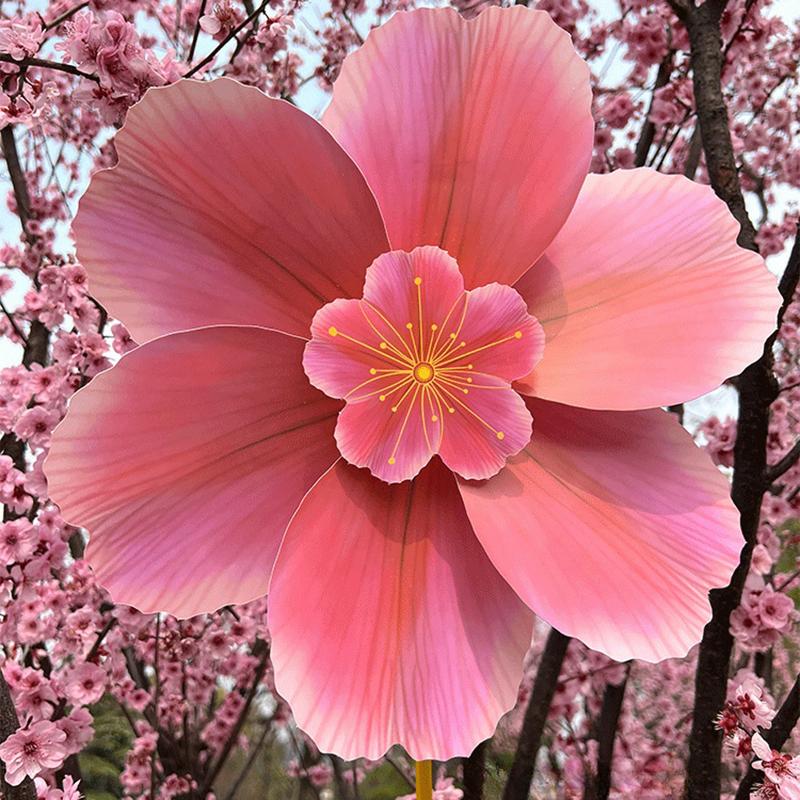 1x Pink Cherry Blossom Windmill Stake Standing Lawn Cherry Flower Pinwheel Rotating Peach Blossom Wind Spinner Garden Decoration