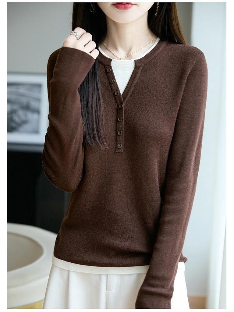 Women's 100% Pure Wool Crew Neck Knitted Sweater - Fake Two-Piece Long Sleeve Base Shirt for Autumn