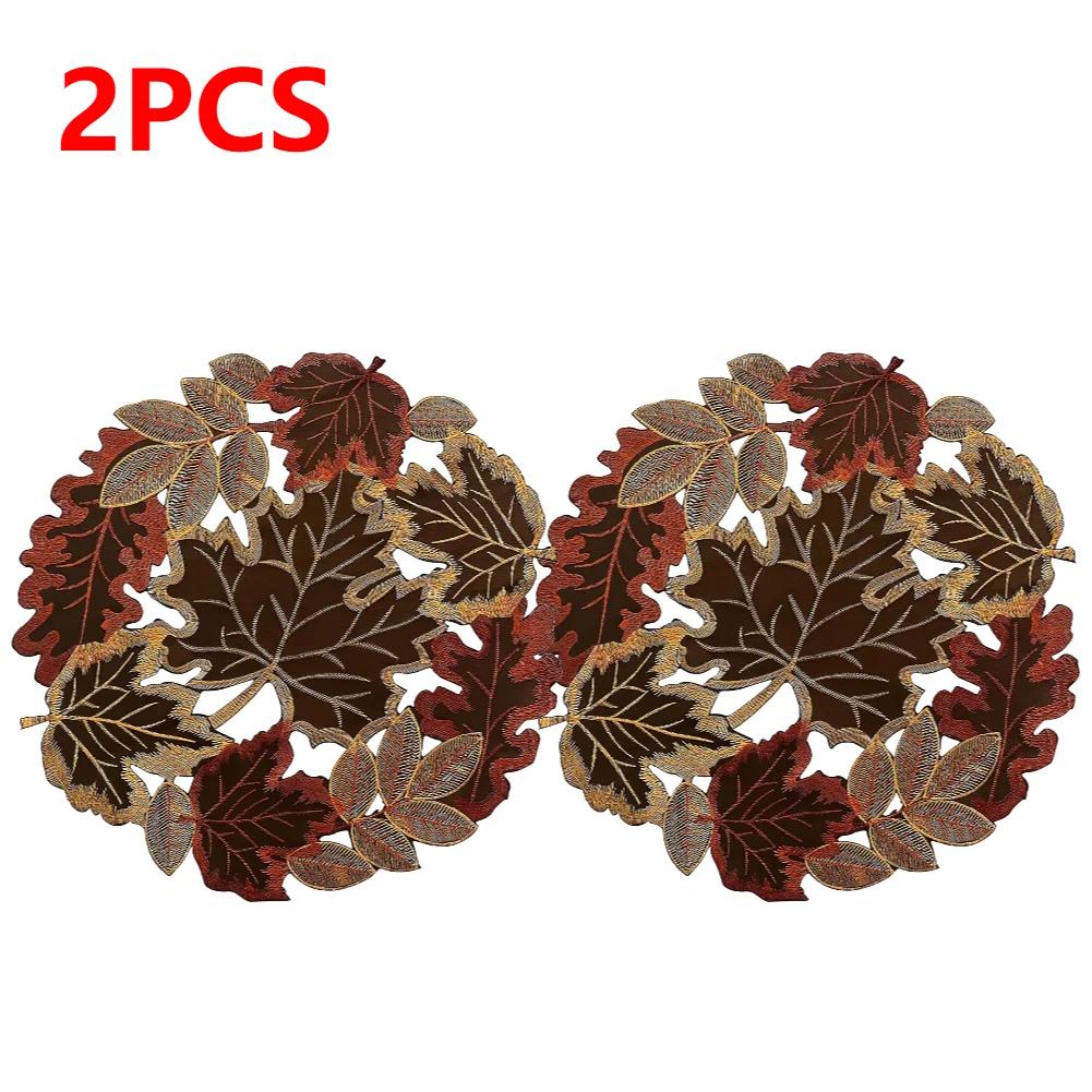 1-5pcs Embroidered Thanksgiving Placemat W/ Lace Maple Leaf Pattern Table Mat Round Fall Table Mat for Home Party Decor 35x35cm