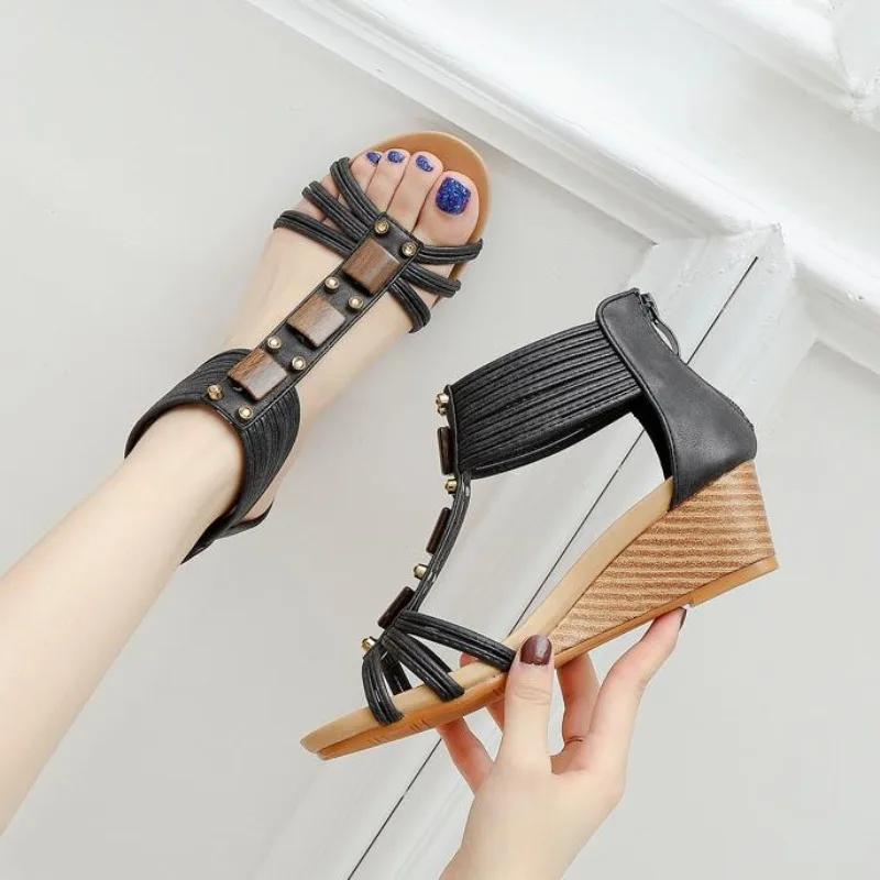 Fashion Women's Bohemia Fish Mouth Wedge Sandals Platform Gladiator Shoes with Zipper Summer PU Jelly Shoes for Women Flat Sandals