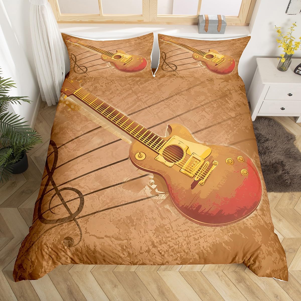

Guitar Beding Set Twin Sized Dimensions,Young Boys Young Girls Music Themed Guitar Soft Duvet Cover Clasical Guitar Warm Comforter Cover Vintage 135*200cm Eu-Single