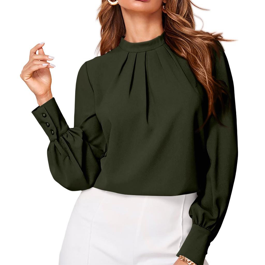 Ladies' Fashionable And Elegant Chest Pleated Stand Collar Long Sleeved Solid Color Top