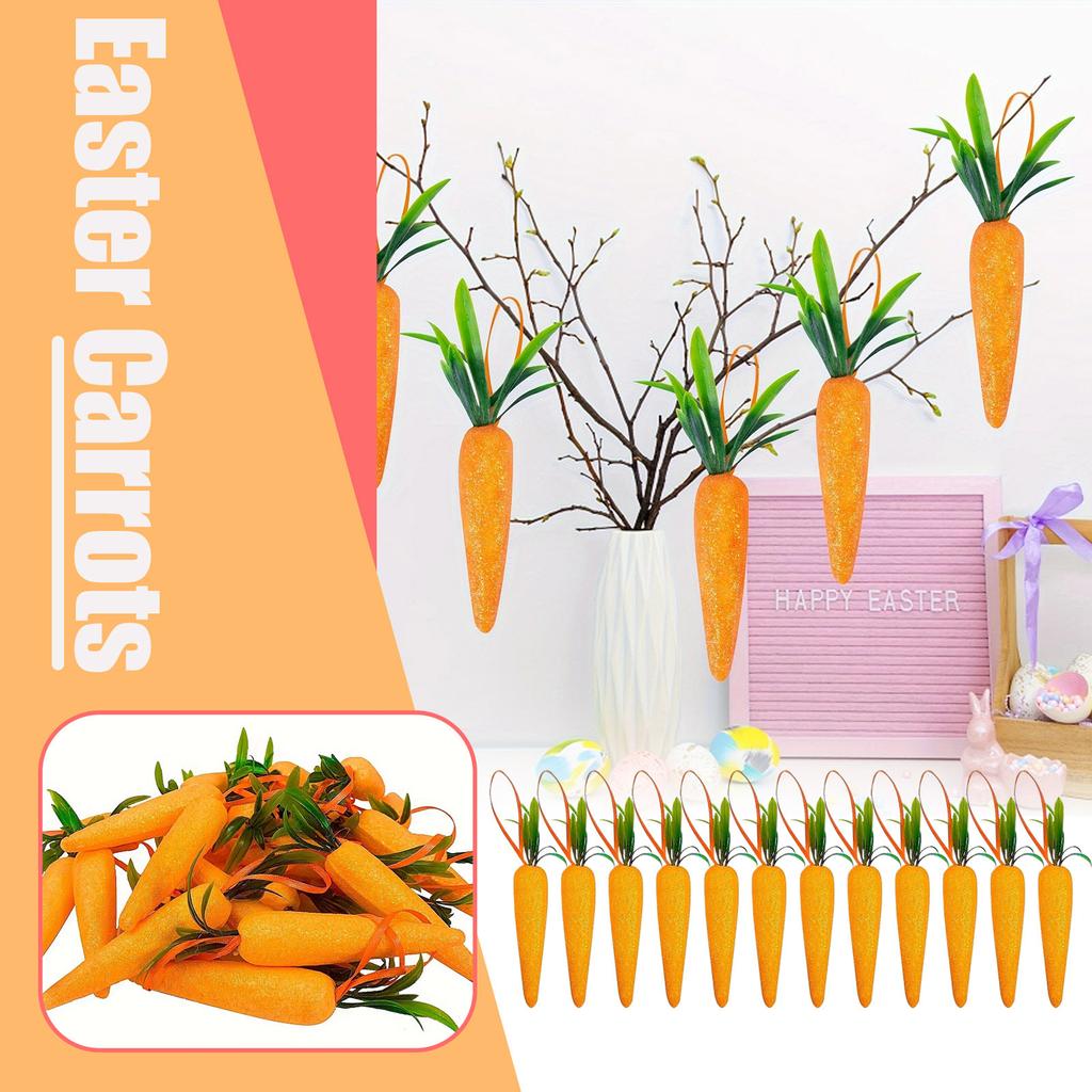 Easter Carrot Hanging Ornaments-12PCS Artificial Spring Fall Foam Glitter Powder Carrot,Realistic Thanksgiving Carrots Hanging Pendant For Tree