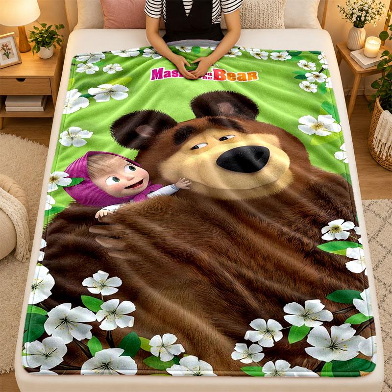 Flannel BlanketMasha and the Bear Warm Soft Throw Blanket for Indoor Sofa Bed Living Room Use