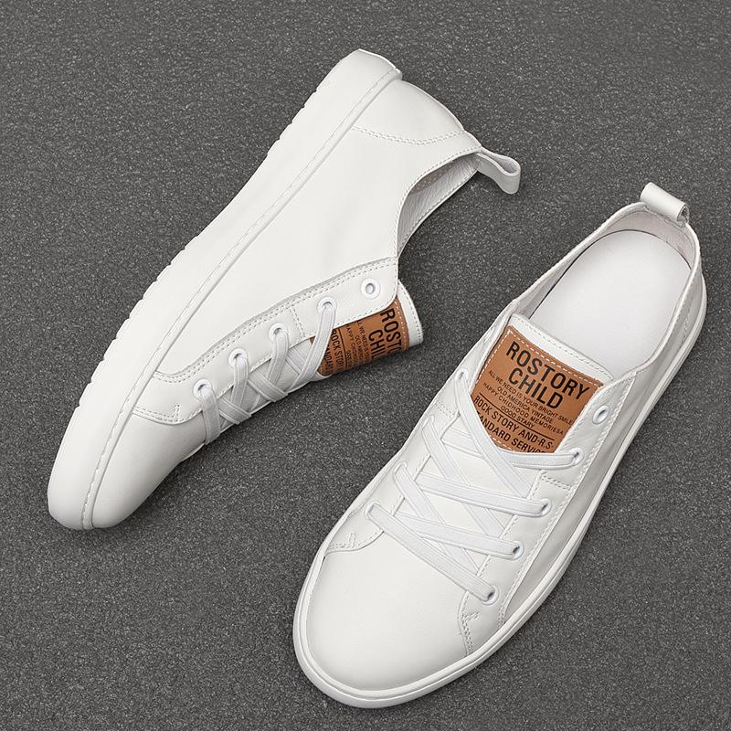 Men's Genuine Leather Low-Top White Sneakers - Breathable Casual Spring/Summer Shoes