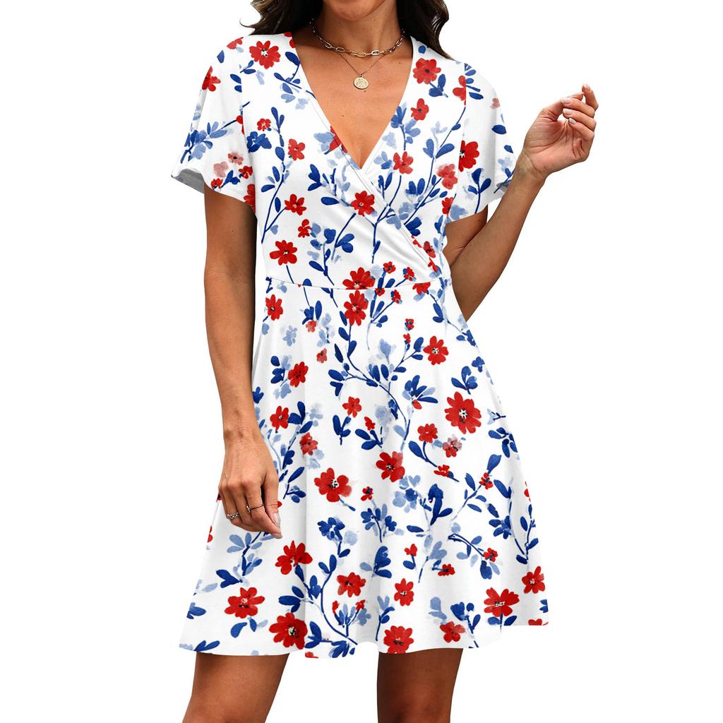 Women’s Short Sleeve V Neck Floral Print Casual Wrap Dress Lightweight Summer A Line Swing Dress with Soft Fabric
