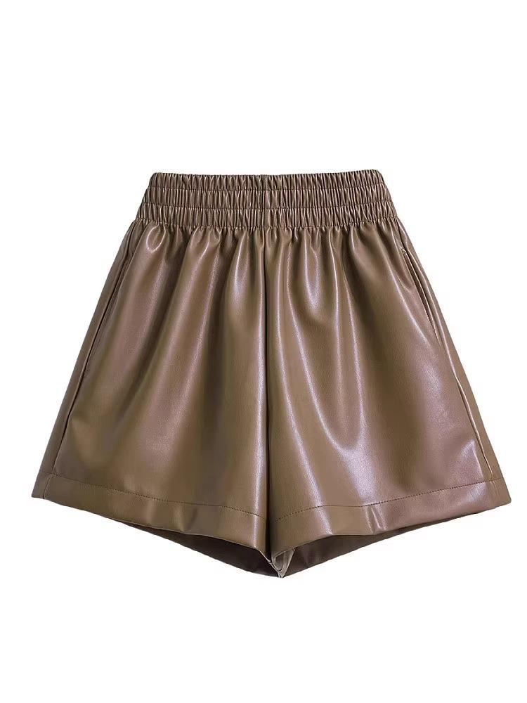 Dámské PU kožené A-liniové šortky s vysokým pasem podzim/zima 2023: Módní, Volný střih, Široké nohavice v korejském stylu